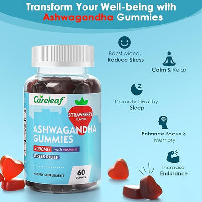 Vegan Ashwagandha Gummies-3000mg High Potency Ashwagandha Root Extract with Vitamin D2 | Strawberry Flavor | 60 Cts/Bottle