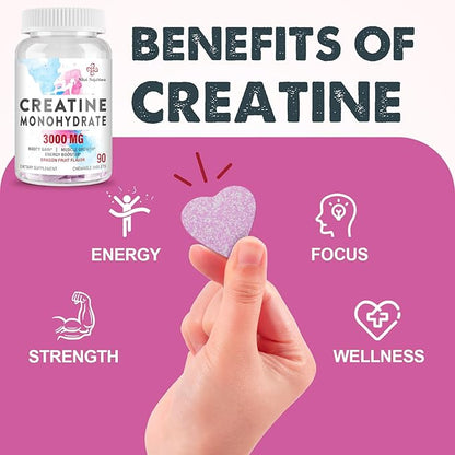 3000 MG Creatine Monohydrate for Women & Men, Creatine Pills with BCAA & Hydrolyzed Collagen Creatine Chews Tablets for Performance & Recovery, Strength, Dragon Fruit Flavor, 90 Tablets