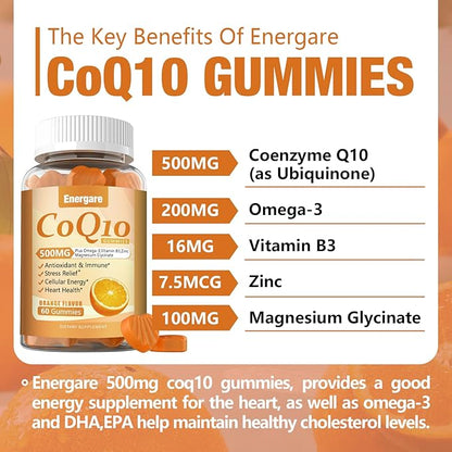 2 Pack CoQ10 500MG Gummies - 3X Better Absorption Coenzyme Q10 Supplements - Plus Omega-3, Magnesium, Vitamin B3 & Zinc for Heart Health, Cellular Energy & Antioxidant, Vegan, Non-GMO 120 Ct