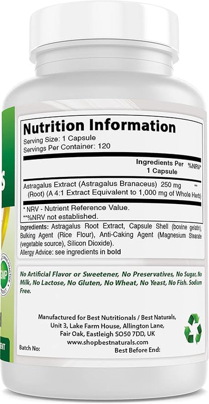 Best Naturals Astragalus Capsule, 1000 mg, 120 Count