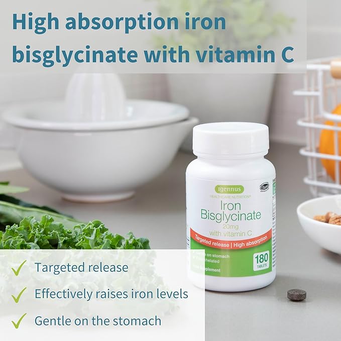 Igennus High Absorption Chelated Iron Bisglycinate 20mg, Vitamin C, 6 Month Supply, Gentle Formula, Clean Label & Targeted Release Ferrous Bisglycinate for Women and Men, One Daily, Vegan, 180 Tablets