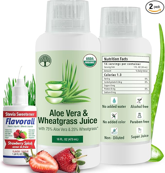 Aloe Vera & Wheatgrass Juice with Flavorall: USDA Certified Aloe Juice Shots - 30-Day Supply for Gut Detox, Immunity & Clear Skin, 75%-25% Highly Potent Concentration (Strawberry)