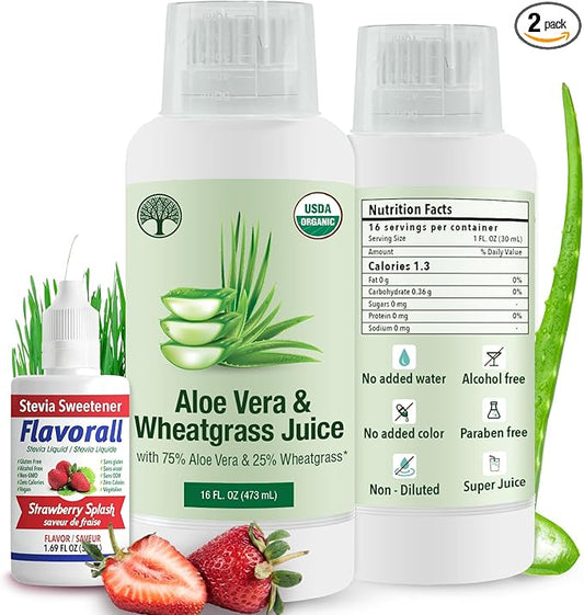 Aloe Vera & Wheatgrass Juice with Flavorall: USDA Certified Aloe Juice Shots - 30-Day Supply for Gut Detox, Immunity & Clear Skin, 75%-25% Highly Potent Concentration (Strawberry)