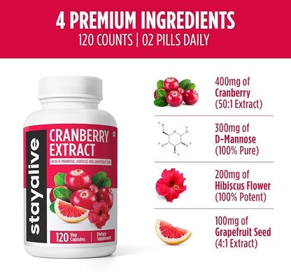 STAY ALIVE Cranberry Pills for Women and Men 1000mg with D-mannose, Hibiscus and Grapefruit Seed Extract, 120 Count, D-mannose Cranberry Supplement, Vegan, Non-GMO & Gluten-Free Powder Capsules
