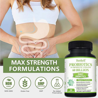 Probiotics 60 Billion CFU 10 Strains, with Organic Probiotic for Digestive & Gut, Immune, Bloating Health, Daily Probiotics Supplement for Women & Men, Non-GMO, Gluten Free, 30 Capsules