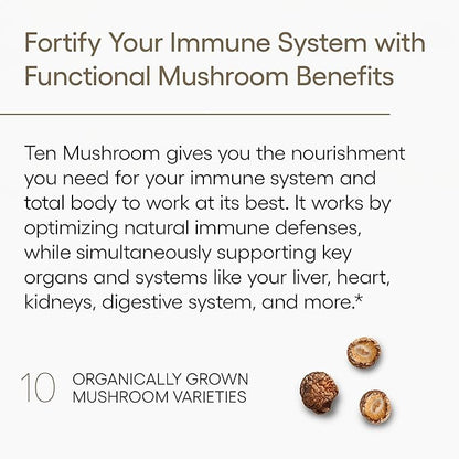 EcoNugenics Ten Mushroom Supplement: Daily Immune Support, 120 Capsules – Lion’s Mane, Reishi, Cordyceps, Turkey Tail, Maitake, Shiitake – Energy, Gut Health, Liver, Kidney & Nootropic Brain Support