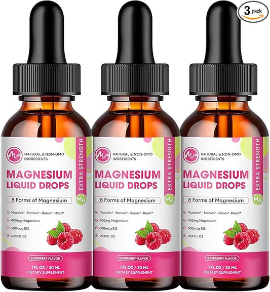(3 Pack) Magnesium Liquid - 8 in 1 Magnesium Complex Drops with Magnesium Glycinate,Citrate,Malate,Taurate,Magnesium Complex Supplement for Brain,Night,Muscle,Bone,Cramps, Raspberry Flavor