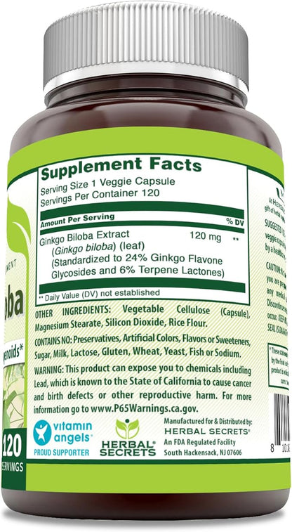 Herbal Secrets Ginkgo Biloba Supplement 120mg 120 Capsules | Standardized to Contain 24% Ginkgo Flavone Glycosides | Non-GMO | Gluten Free | Made in USA