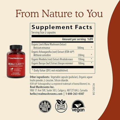 Real Mushrooms RealClarity Mushroom Powder Capsules - Brain Supplement with KSM-66 Ashwagandha Extract for Mental Clarity, Focus - Organic Lions Mane Capsules Focus Supplements for Adults, 60ct