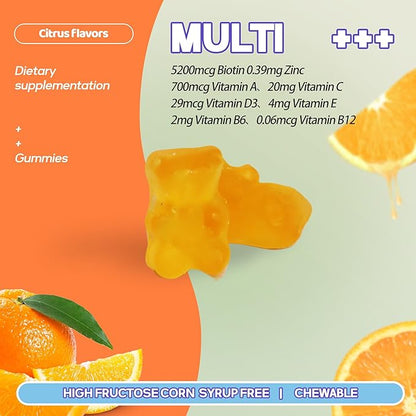 Multivitamin Gummies for Adult 5200mcg Biotin, Citrus Flavored Daily Multivitamins with Vitamins A, C, D3, E, B6 and B12, Zinc-Skin, Hair Growth, All Over Health