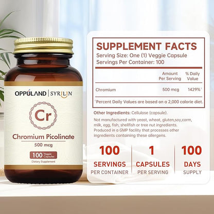 Chromium Picolinate 500 mcg,Chromium Supplements,Non-GMO, Gluten Free,100 Veg Capsules