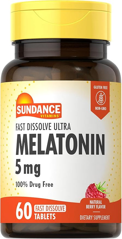Sundance Melatonin 5mg Fast Dissolve Tablets | 60 Count | Natural Berry Flavor | Vegetarian, Non-GMO, and Gluten Free Supplement