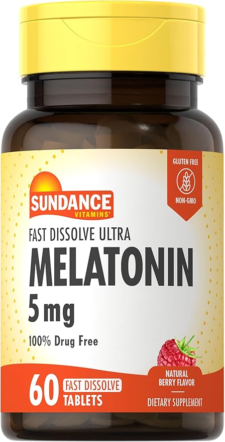 Sundance Melatonin 5mg Fast Dissolve Tablets | 60 Count | Natural Berry Flavor | Vegetarian, Non-GMO, and Gluten Free Supplement