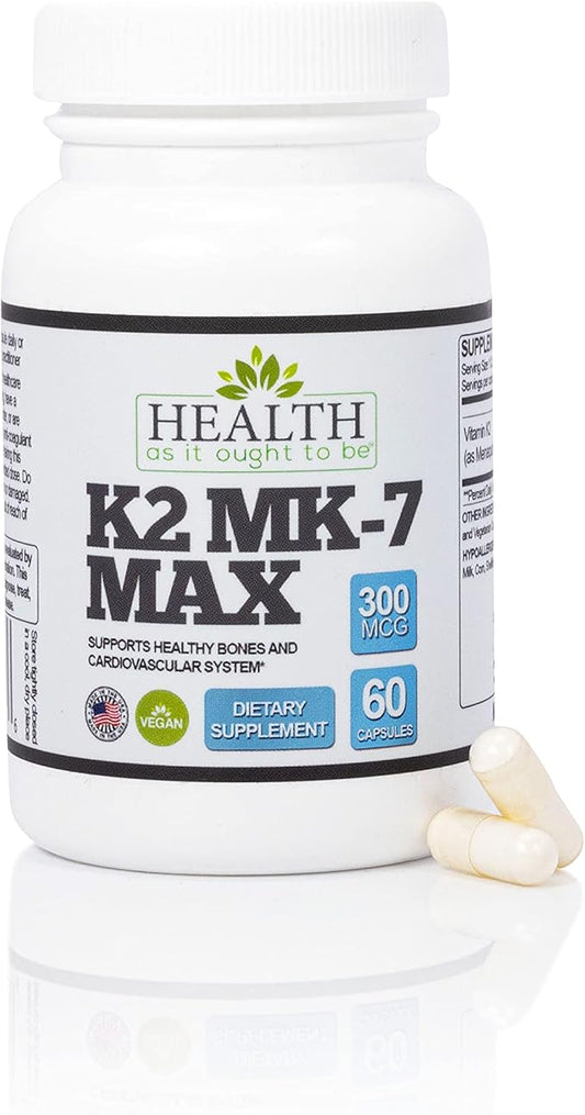 Health As It Ought To Be Vitamin K2 MK7 MAX Extra Strength 300mcg Supplemeny | Soy Free, Proven Bioavailability & Safety | 60 Capsules