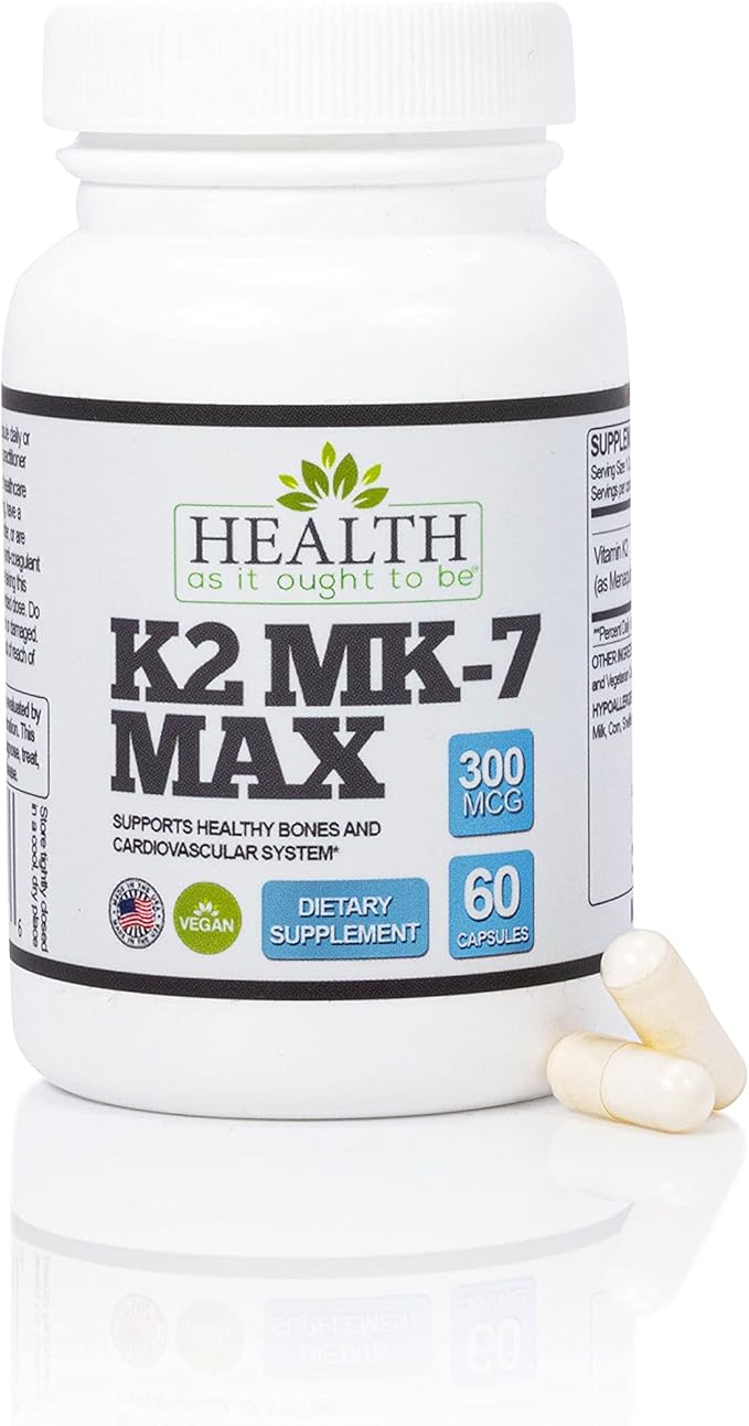 Health As It Ought To Be Vitamin K2 MK7 MAX Extra Strength 300mcg Supplemeny | Soy Free, Proven Bioavailability & Safety | 60 Capsules