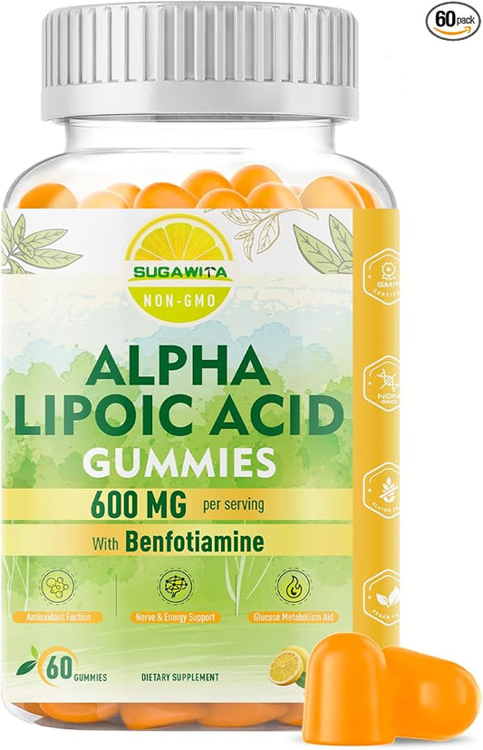 Alpha Lipoic Acid Gummies - Vegan, Sugar-Free,600 mg ALA Supplement - Pure ALA Alpha Lipoic Acid 600mg with Benfotiamine for Nerve Support, Antioxidant Support - 60 Counts