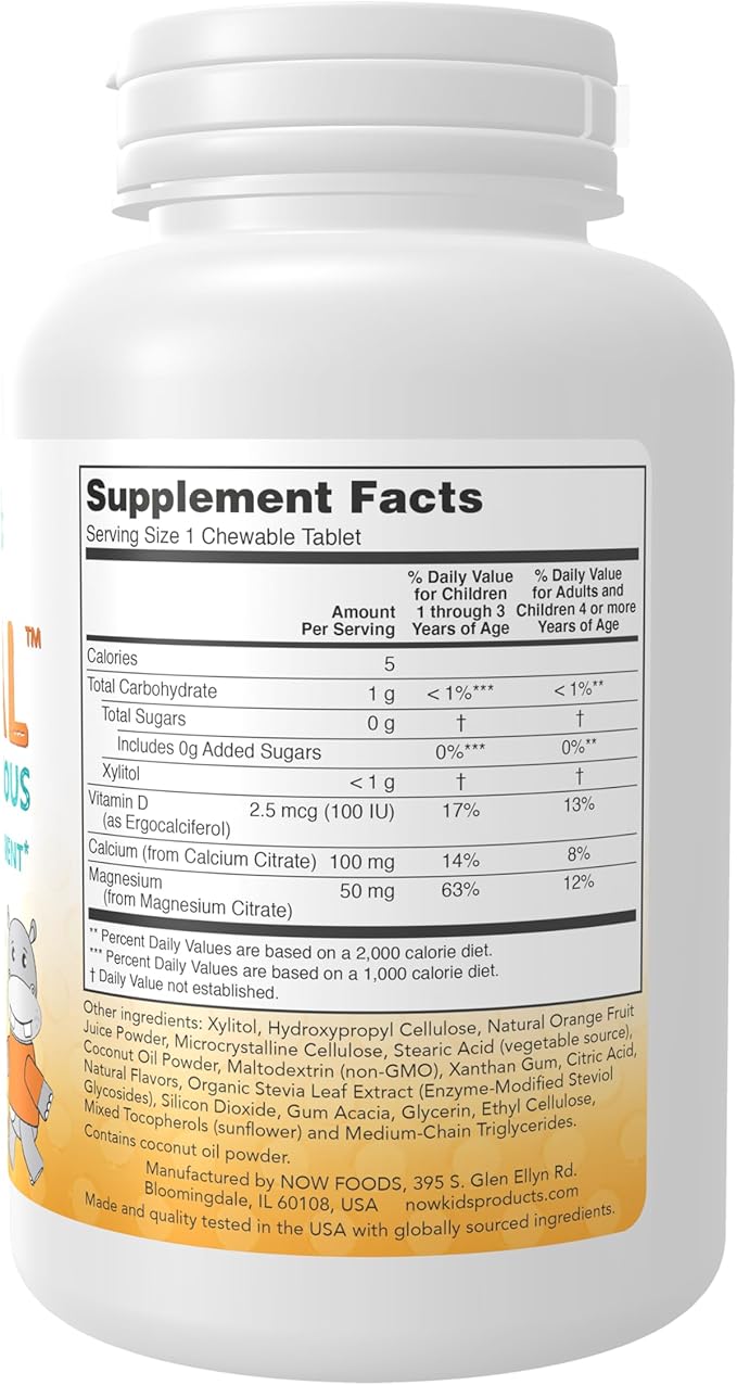 NOW Foods Supplements, Kid Cal with Calcium Citrate, Magnesium and Vitamin D, Tart Orange, 100 Chewables, packaging may vary