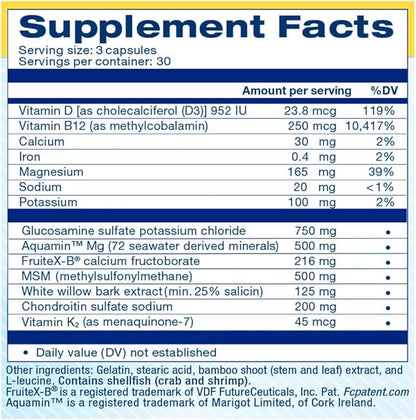 Glucosamine, Chondroitin, MSM, and FruiteX-B Joint Support Supplement for Joint Relief, Health & Comfort Perfect for achy Knees and Hands. 30 Servings