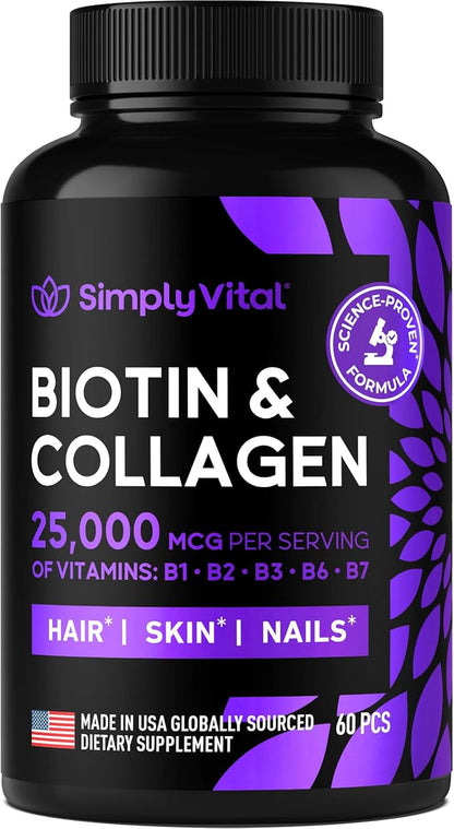 Biotin and Collagen Supplements with Keratin - Hair Vitamins - Hair Skin & Nails Vitamins with Biotin, Collagen, B Complex - Made in USA - Biotin Supplement for Strong Hair, Skin & Nails - 60 Capsules