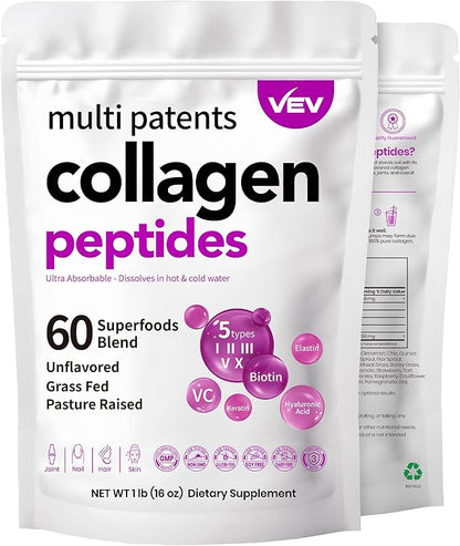 VEV Multi Collagen Peptides Powder, 1 lb – Type I, II, III, V, X, Hydrolyzed Collagen, Hyaluronic Acid Power, Biotin, Vitamin C, Supports Skin, Unflavored, Dissolves Easily