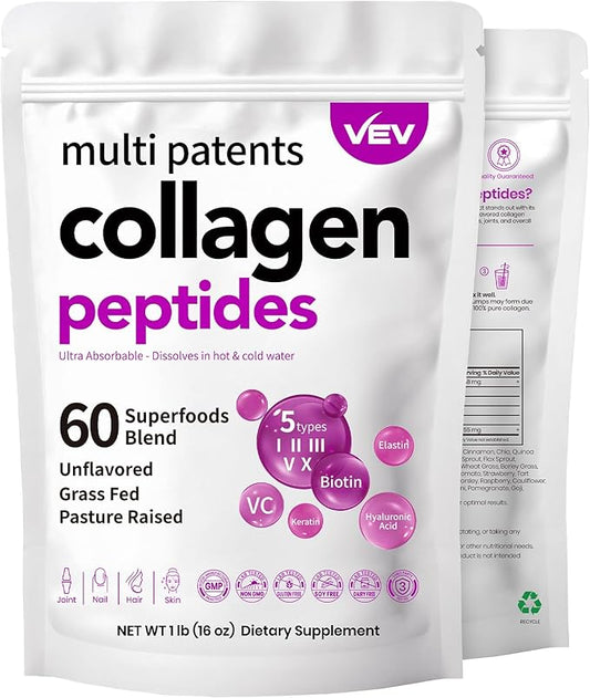 VEV Multi Collagen Peptides Powder, 1 lb – Type I, II, III, V, X, Hydrolyzed Collagen, Hyaluronic Acid Power, Biotin, Vitamin C, Supports Skin, Unflavored, Dissolves Easily