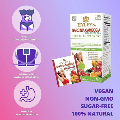 HYLEYS Tea Garcinia Cambogia Green Tea 5 Flavors Assortment - 25 Tea Bags (12 Pack - 300 Tea Bags Total)
