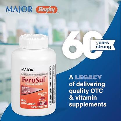Major Ferosul - Ferrous Sulfate 325mg Tablets with 65mg of Elemental Iron - Iron Supplement for Women, Men - Red - 100 Tablets - Pack of 1