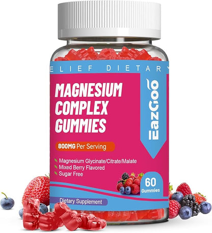Magnesium Gummies 800mg - Vitamin D3, C, B6, B12 & Zinc Complex with Magnesium Glycinate, Citrate & Malate, Magnesium Complex Gummies for Muscle, Mood & Energy, Vegan 60 Counts