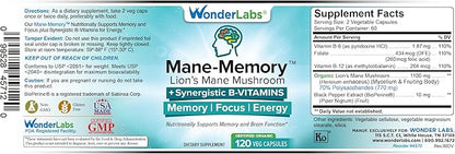 Lions Mane Mushroom 1100mg Mycelium & Fruting Body - Nutritionally Supports Memory and Brain Function Plus Essential B-Complex for Energy - 120 Capsules