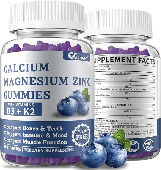 Calcium Magnesium Zinc Gummies with Vitamin D3 & K2 - Sugar Free Calcium Gummies for Women and Men - Bone & Immune Support - Non-GMO, Gluten-Free, Blueberry Flavored - 60 Gummies