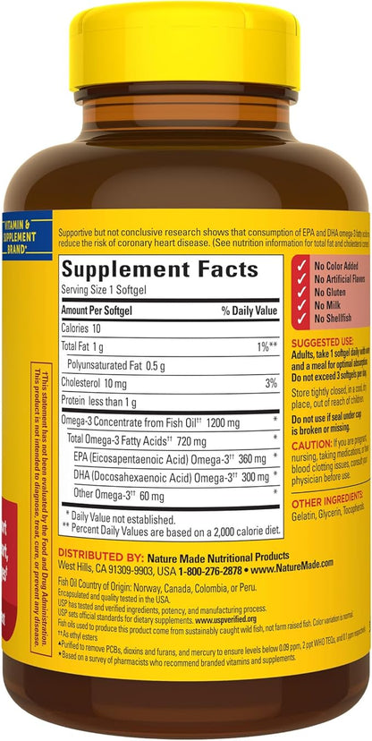Nature Made Fish Oil Omega 3 Supplements, Omega 3 Fish Oil as Ethyl Esters 1200 mg Softgels, EPA DHA Supplement for Healthy Heart, Brain, Eye Support, One Per Day, 100 Softgels