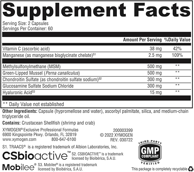 XYMOGEN SynovX DJD - Helps Maintain Healthy Joints + Provides Joint Tissue Building Blocks with MSM, Green-Lipped Mussel, Chondroitin Sulfate, Glucosamine Sulfate, Hyaluronic Acid (120 Capsules)
