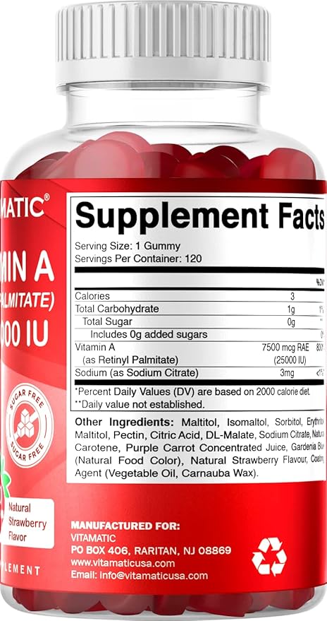 Vitamatic Sugar Free Vitamin A 25000 IU Gummies (Retinyl Palmitate) - Natural Strawberry Flavor - 120 Pectin Based Gummies (1 Bottle)