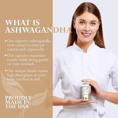 Organic Ashwagandha - Max Strength 1300MG Vegan Capsules - 100% Pure Non GMO Root Powder with Natural Black Pepper 60CT