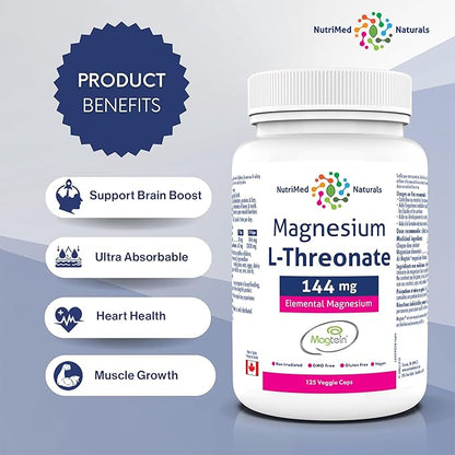 Elemental Magnesium L-Threonate Supplement 144mg 125 Caps - Magtein Magnesium L-Threonate Capsules - Nutrimed Naturals - 3rd Party Tested