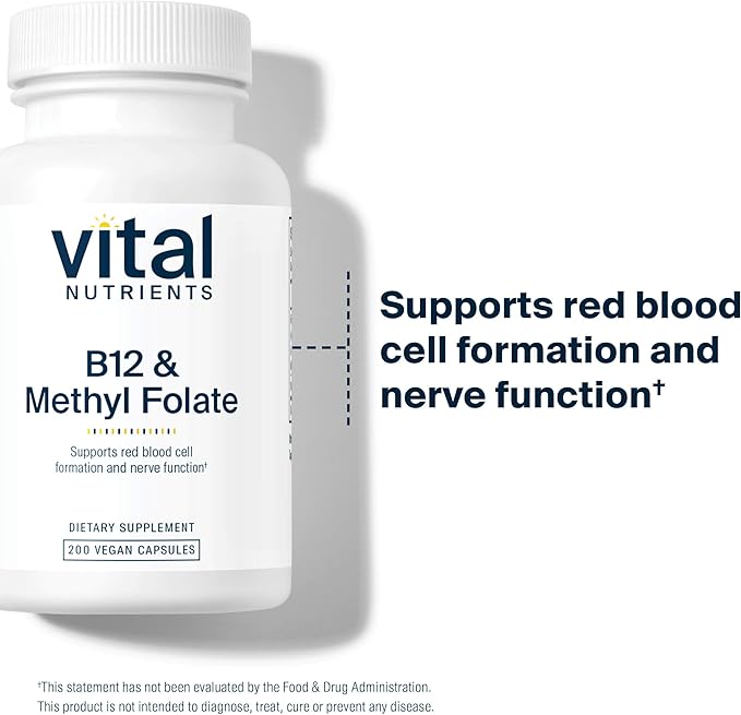 Vital Nutrients Vitamin B12 & Methyl Folate | Vegan Methylated Folate & B12 Supplement | 5-MTHF Plus B12 Supports Nervous System & Metabolism* | Gluten, Dairy, Soy Free | 200 Capsules