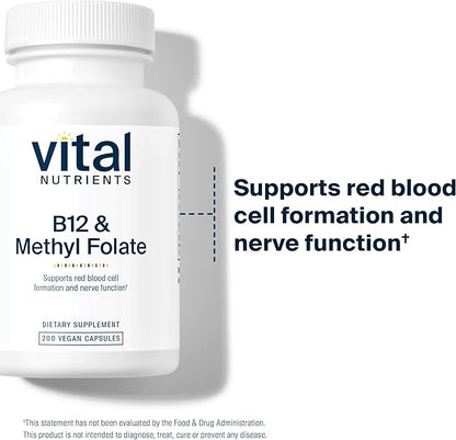 Vital Nutrients Vitamin B12 & Methyl Folate | Vegan Methylated Folate & B12 Supplement | 5-MTHF Plus B12 Supports Nervous System & Metabolism* | Gluten, Dairy, Soy Free | 200 Capsules