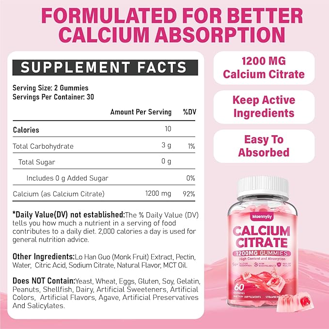 Calcium Citrate Gummies 1200 mg for Adults: Ultimate Absorption Calcium Supplement for Women & Men - Easy to Digest, Vegan, Non-GMO, Gluten Free - Natural Strawberry Flavor