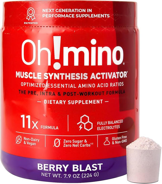 Oh!mino Amino Acids for Muscle Gain - BCAAs Amino Acids Powder Supplement for Pre & Post Workout - Caffeinated, Non Dairy, Vegan, Zero Sugar & Net Carbs - 40 Servings (Berry Blast)