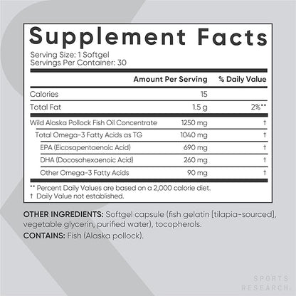 Sports Research Triple Strength Omega 3 Burpless Fish Oil 1250mg from Wild Alaska Pollock, Vitamin D3 5000 IU with Coconut MCT Oil (125mcg) and Vegan Biotin 5000mcg Vitamin B7-30 Softgels Each