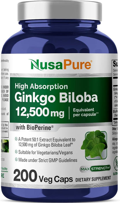 NusaPure Ginkgo Biloba Extract 12,500mg per Veggie Caps 200 Capsules (Vegetarian, Non-GMO, Vegan, Extract 50:1) Bioperine