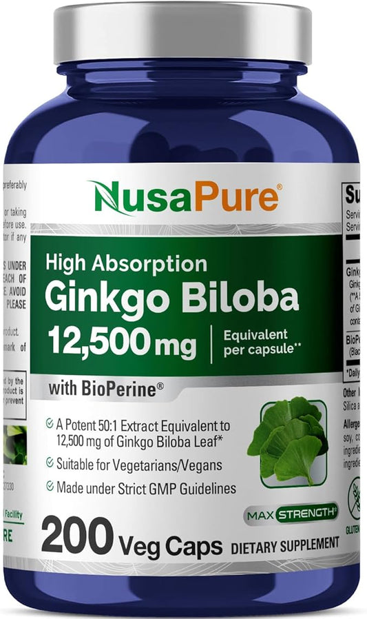 NusaPure Ginkgo Biloba Extract 12,500mg per Veggie Caps 200 Capsules (Vegetarian, Non-GMO, Vegan, Extract 50:1) Bioperine