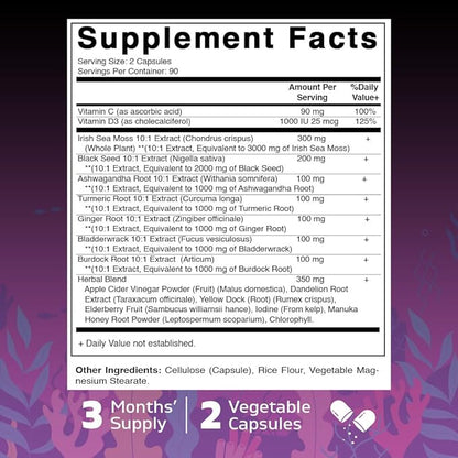 Vitamatic Sea Moss with Black Seed Oil, Ashwagandha, Turmeric, Bladderwrack & Burdock - 180 Vegan Capsules