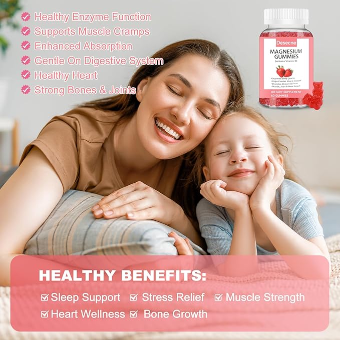 Magnesium Glycinate Gummies for Adults Kids with Vitamin B6, Strawberry Flavor Calm Magnesium Supplement, Magnesium Citrate for Sleep, 60 Gummies per Bottle