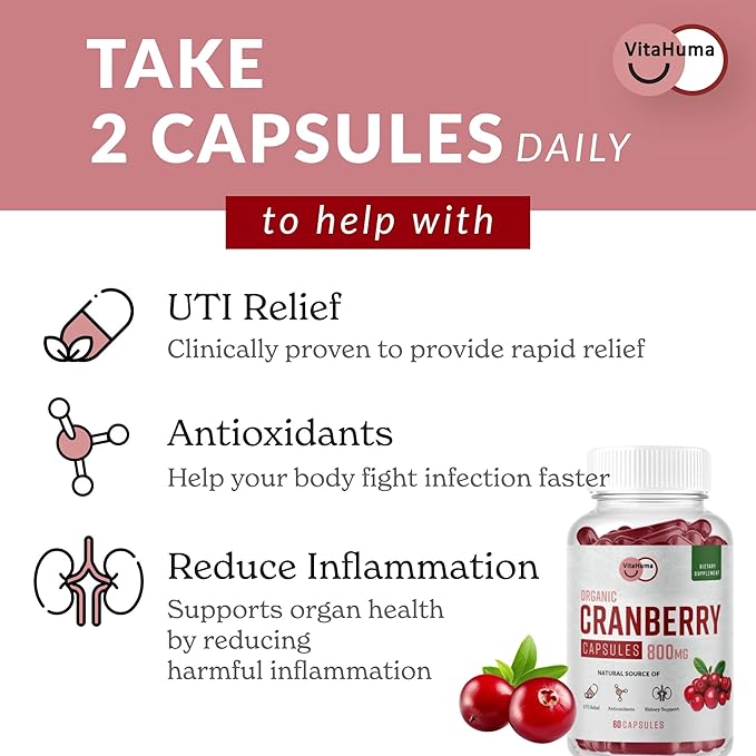 Organic Cranberry Extract Capsules, 800 MG Per Serving, Whole Fruit Cranberry & Cran-Max, Natural Source of Proanthocyanidins (PACs), Antioxidants & Nutrients, Vegan, Non GMO, 60 Capsules