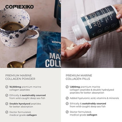 CORREXIKO Marine Collagen Supplement Pills & Powder Bundle 1 Month Supply - Includes 10,000mg Double Hydrolyzed Collagen Powder 15oz & 1800mg Collagen Peptides 120 Capsules - for Hair, Skin & Nails