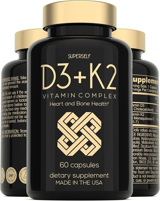 Vitamin D3 K2 Capsules - Vitamin D3 5000 IU and Vitamin K MK7 100mcg - 60 Capsules - USA Made Vegetarian Vitamin D Supplement - High Strength VIT D for Bones, Muscle, Teeth, Immune System