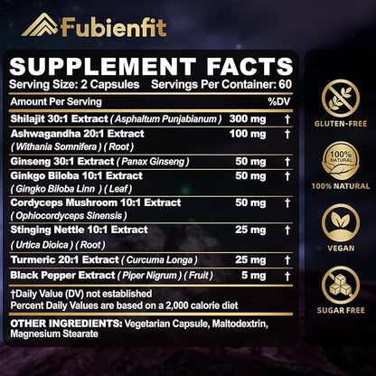 Shilajit Capsules - Premium Shilajit for Men - with Ashwagandha Ginseng and More Fulvic Acid for Men/Women - 120 Capsules