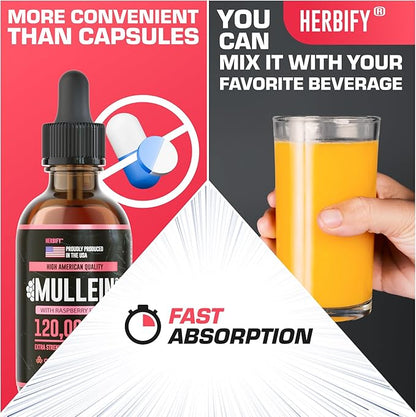 HERBIFY Mullein Drops - Lung Cleanse - Leaf Extract - Powerful Mullein for Immune Support, Detox & Respiratory Support - Made in USA - 4 Oz Raspberry Flavor