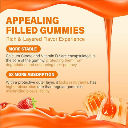 Calcium 1200 mg with Vitamin D3 Gummies for Adults - Calcium Citrate with Vitamin D3 5000iu for Ultimate Absorption - Calcium Supplement for Women Men - Sugar Free, Non-GMO, Natural Strawberry Flavor